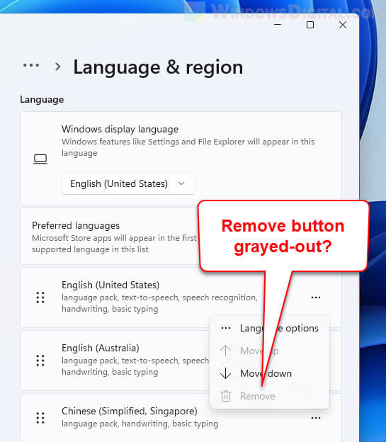 Remove keyboard language input method Windows 11