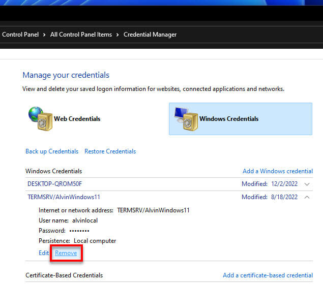 Remove network login credentials Windows 11