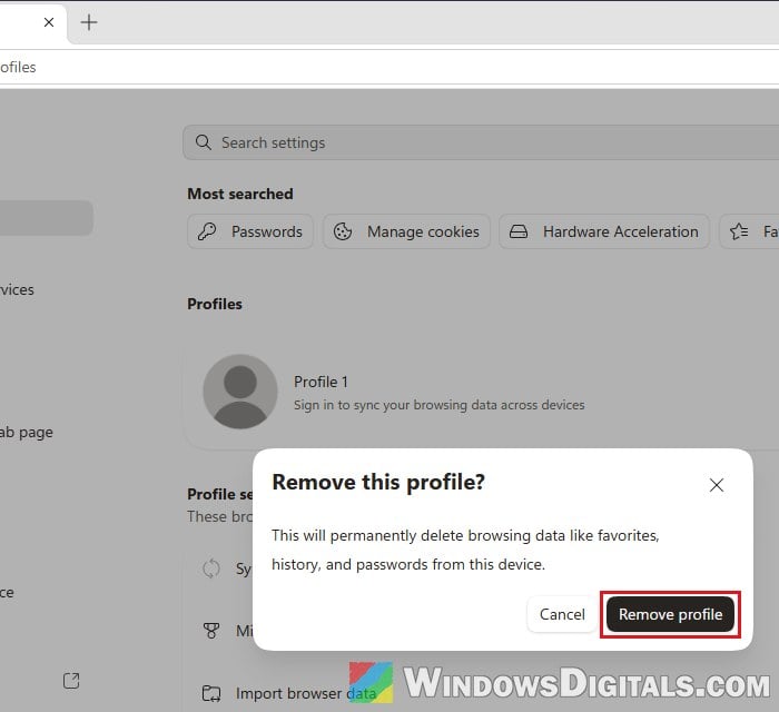 Remove profile in Microsoft Edge settings