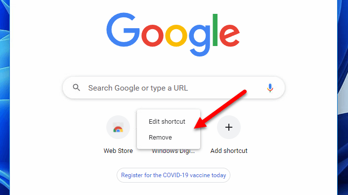 Remove shortcut from Chrome new tab page
