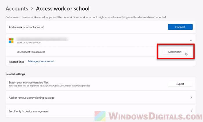 Remove work or school account from Windows 11