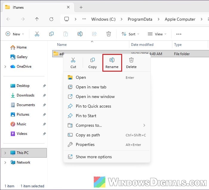 Rename adi folder ProgramData Apple Computer iTunes Windows 11