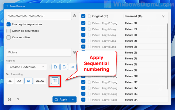 Rename files in sequential numbering Windows 11