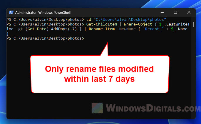 Rename only files modified last 7 days PowerShell