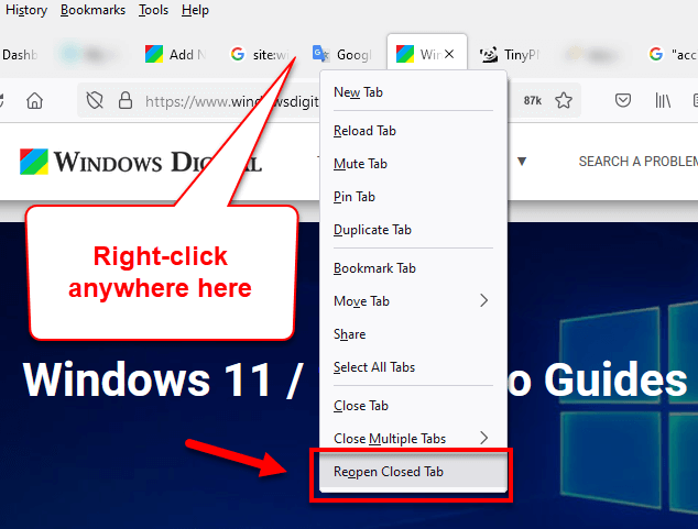 Reopen closed tab Firefox