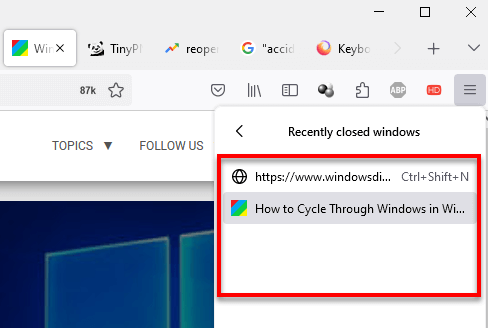 Reopen closed window Firefox