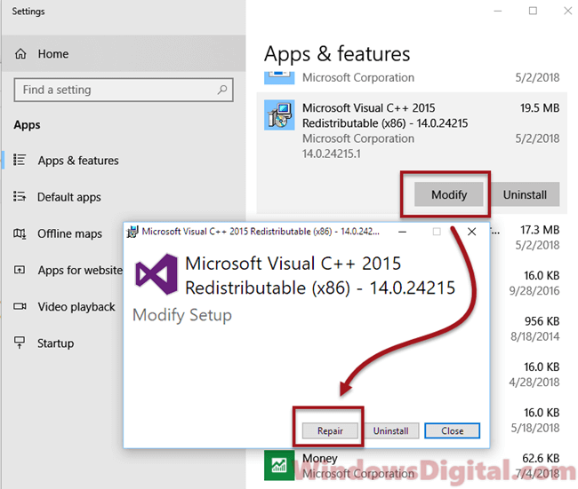 Repair Microsoft Visual C++ Redistributable