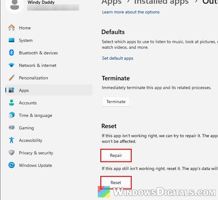 Repair or Reset Outlook app in Windows 11 Settings