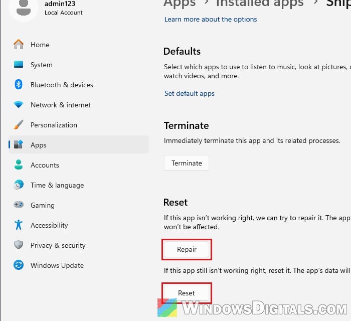 Repair or Reset Snipping Tool Advanced options Windows 11