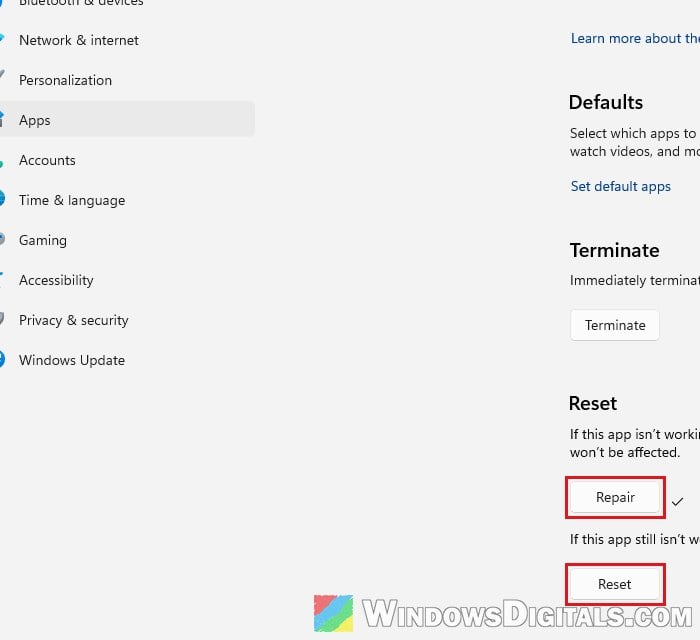 Repair or Reset Snipping Tool Windows 11