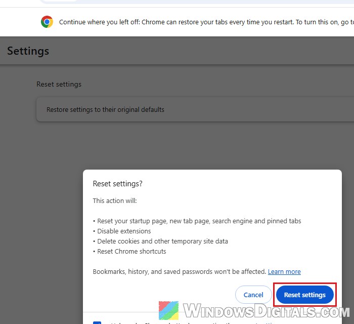 Reset Chrome settings to original defaults Windows 11