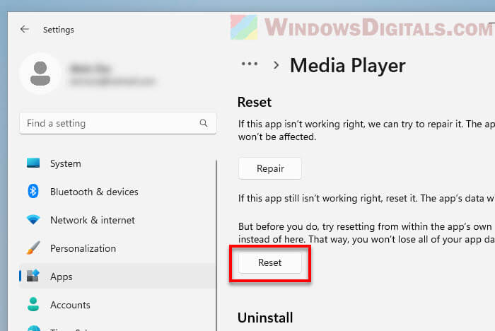 Reset Media Player Windows 11