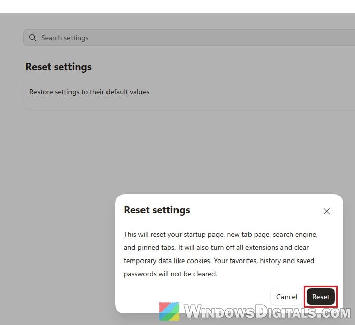 Reset Microsoft Edge settings to default values