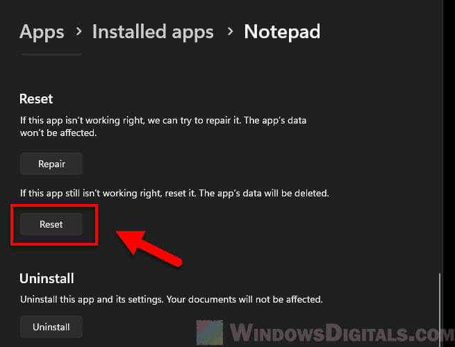 Reset Notepad app Windows 11 10