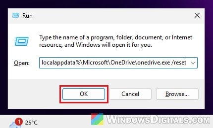 Reset OneDrive command in Run Windows 11