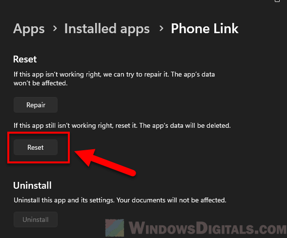 Reset Phone Link app in Windows 11