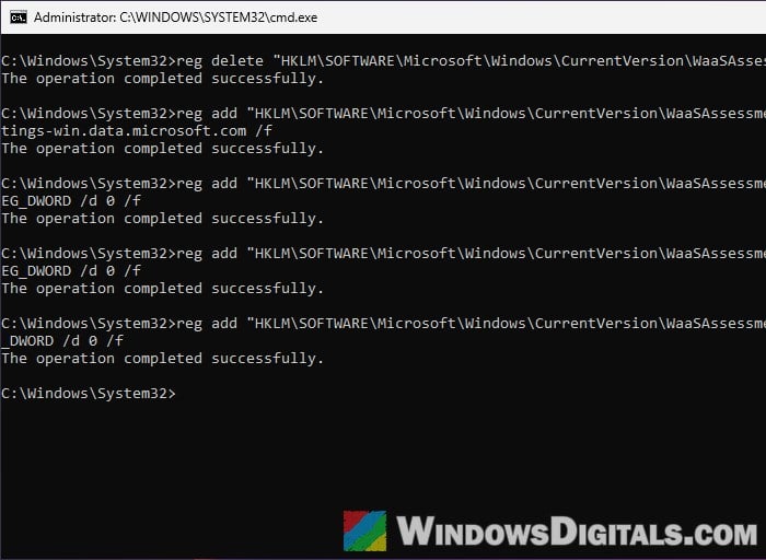 Reset WaaSAssessment key with reg commands in Command Prompt