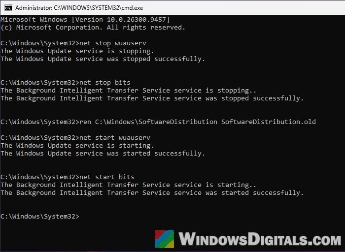 Reset Windows Update SoftwareDistribution folder Command Prompt Windows 11