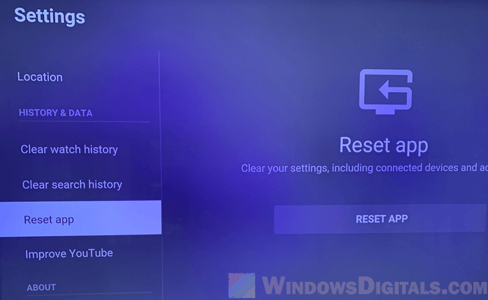 Reset YouTube App on TV