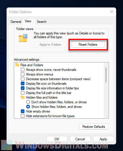 Réinitialiser les vues de dossier Windows 11