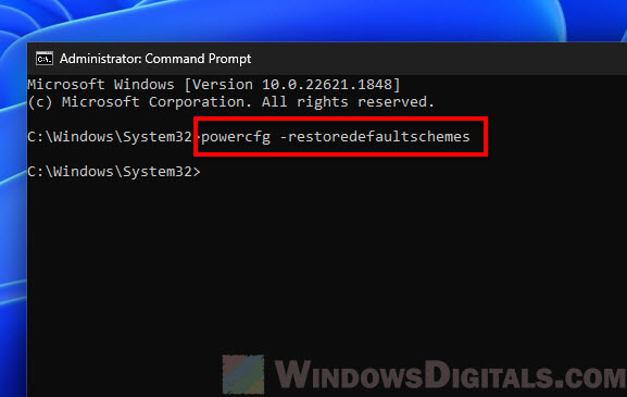 Reset power configurations to default in Windows 11