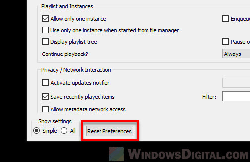 Reset preferences VLC player