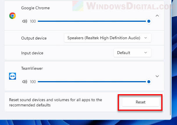 Reset sound devices settings Windows 11