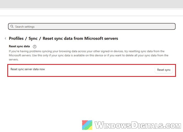 Reset sync in Microsoft Edge settings