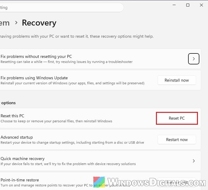 Reset this PC in Recovery settings Windows 11
