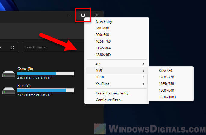 Resize app or software window to custom sizes in Windows 11