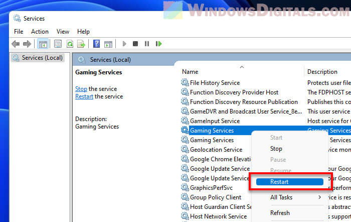 Restart Gaming Services in Windows 11
