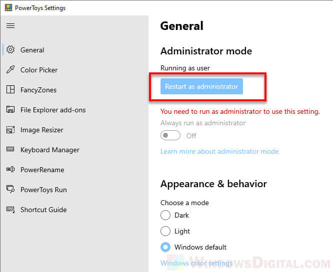 Restart PowerToys as administrator