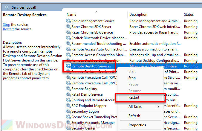 Restart Remote Desktop Service in Windows 11
