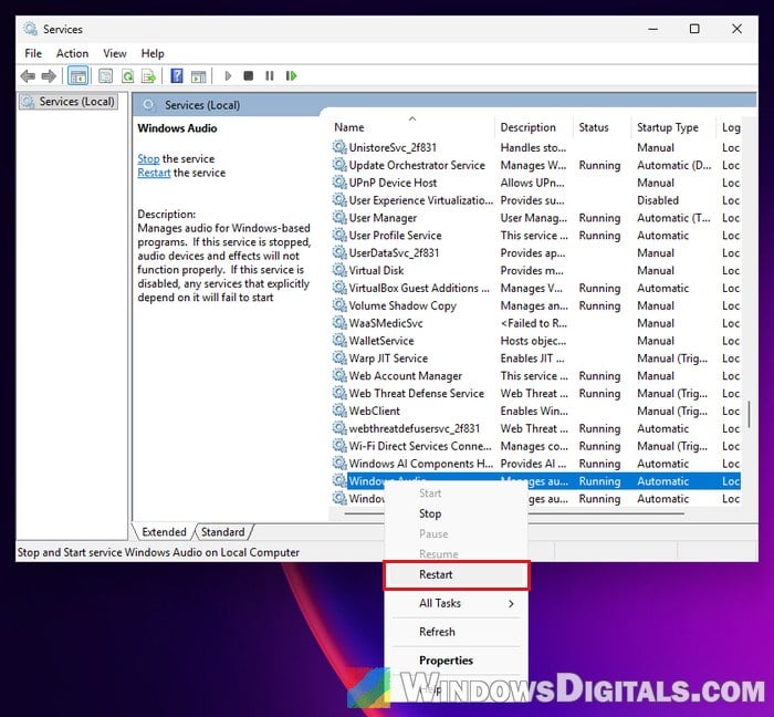 Restart Windows Audio service Windows 11