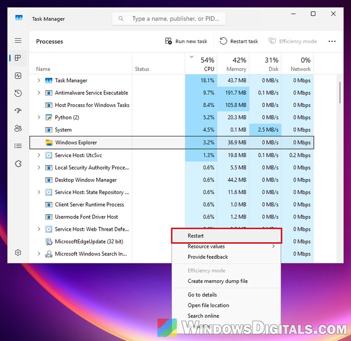 Restart Windows Explorer in Task Manager Windows 11