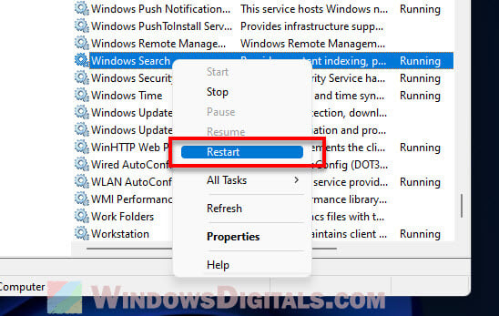 Restart Windows Search Service