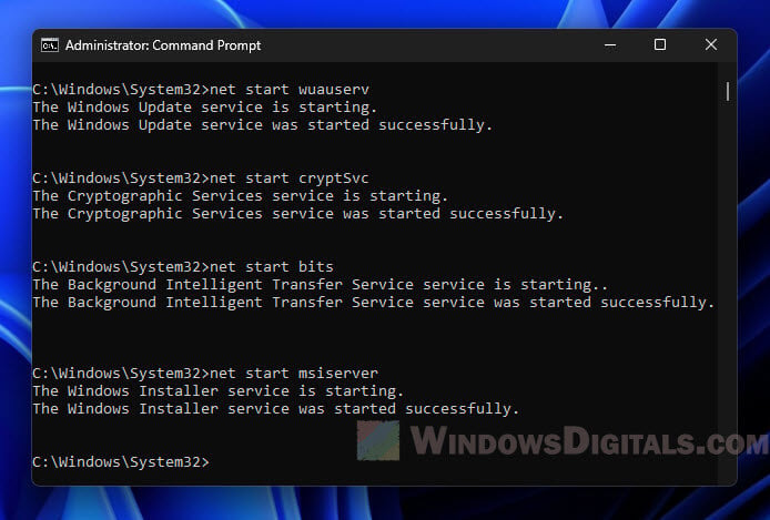 Restart Windows Update services command prompt