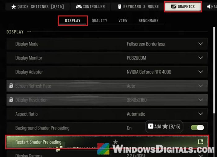 Restart shader preloading in Modern Warfare 4 Graphics settings