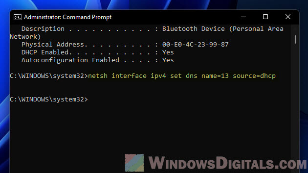 Restore DNS to default using Netsh in CMD Windows 11