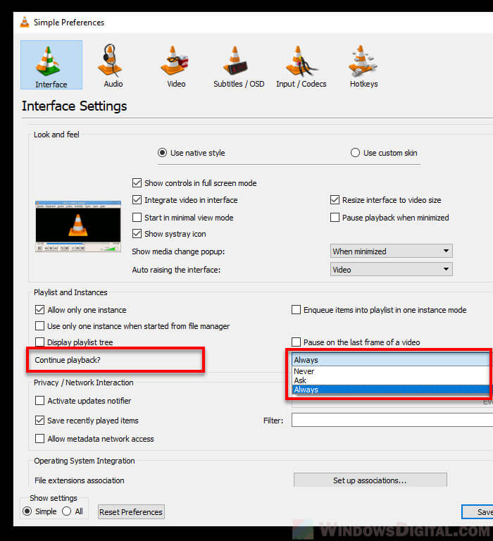 how to make vlc resume playback