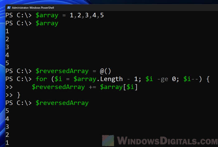 Reversing an array in PowerShell using For loop