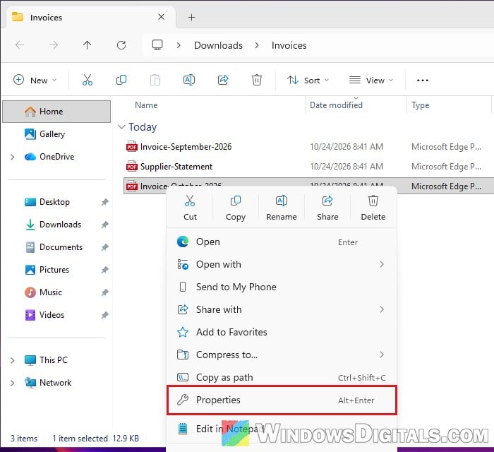 Right-click downloaded file Properties File Explorer Windows 11