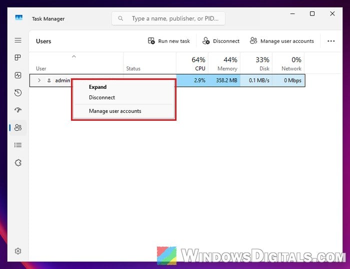 Right-click user in Task Manager Users tab Windows 11