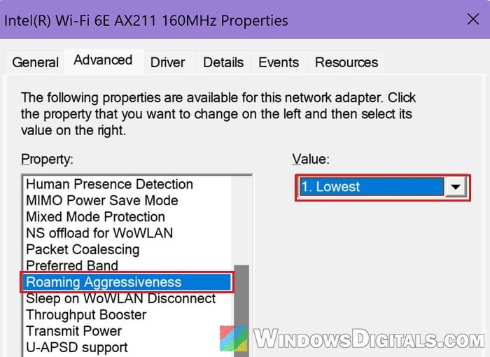Roaming Aggressiveness Lowest Intel Wi-Fi adapter Device Manager