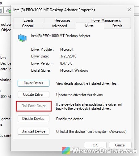 Roll Back Driver network adapter Device Manager Windows 11