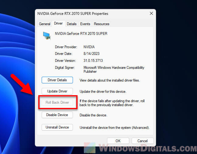 Roll back graphics driver to previous version Windows 11