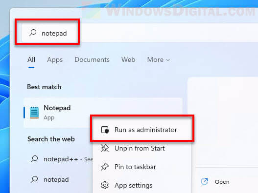 Run Notepad as administrator Windows 11