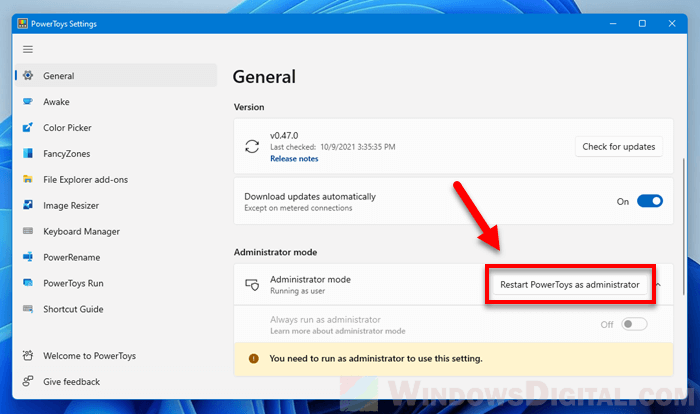 Run PowerToys as administrator