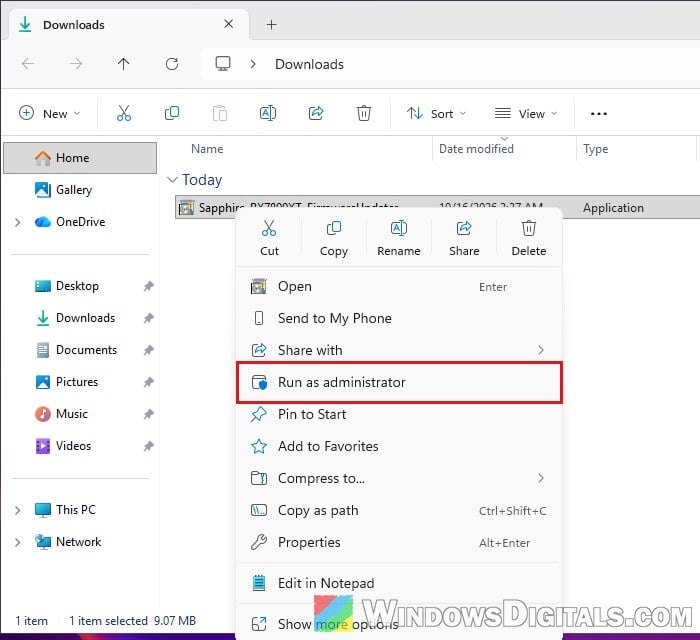 Run Sapphire RX 7000 firmware updater as administrator Windows 11