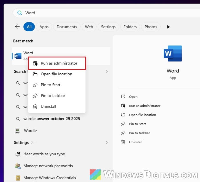 Run Word as administrator Windows 11